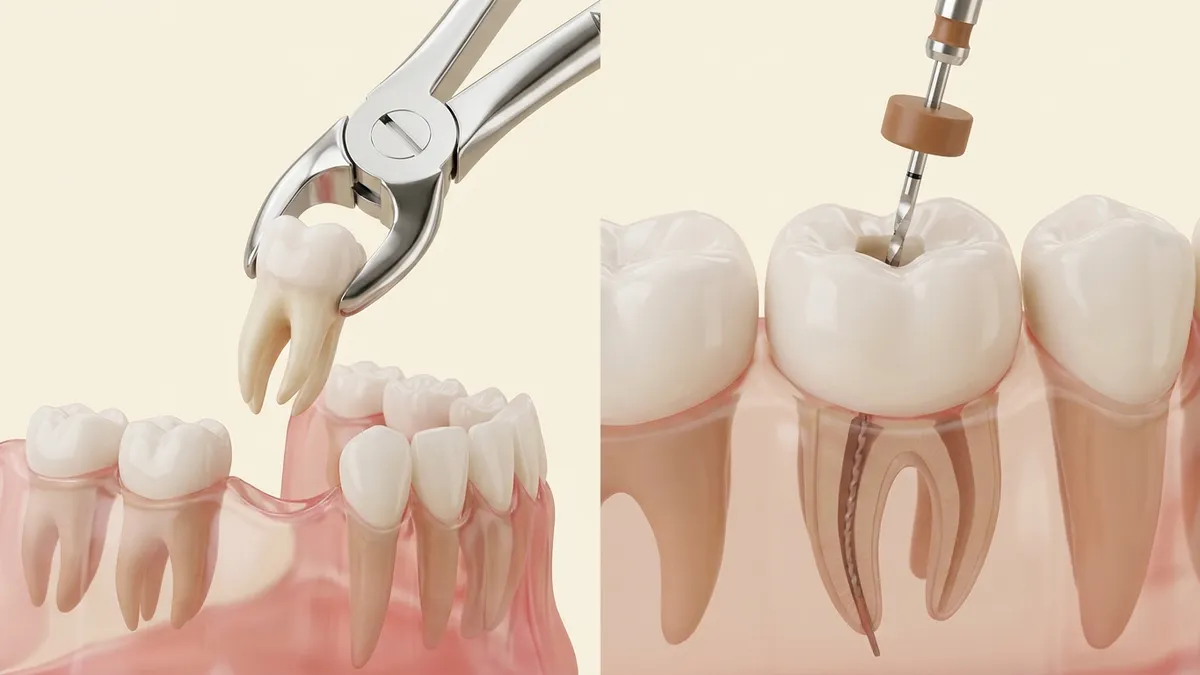 Illustration comparing a tooth being removed with forceps and a molar being cleaned with a root canal file