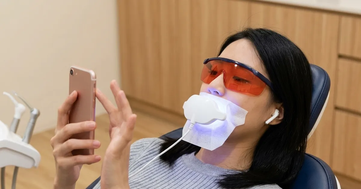 Patient relaxing in a navy dental chair during LED teeth whitening, wearing orange protective glasses and scrolling her phone