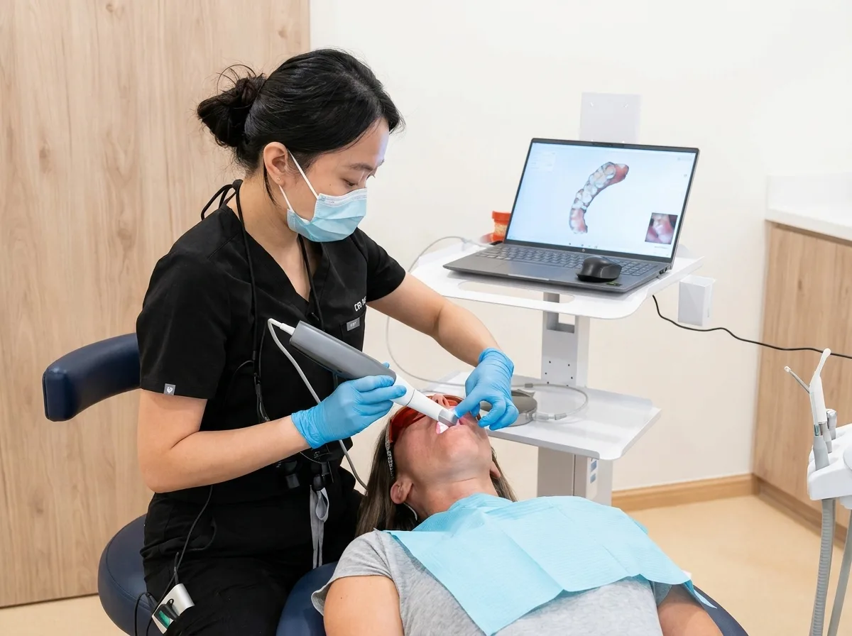 Digital intraoral scan being taken, with the 3D model shown on a screen