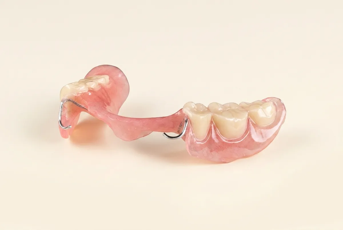 Acrylic partial denture with clasps that hold onto the natural teeth