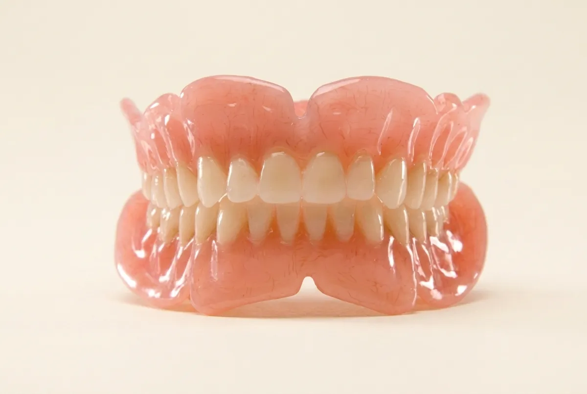 Full upper and lower acrylic dentures that replace all the teeth in a jaw